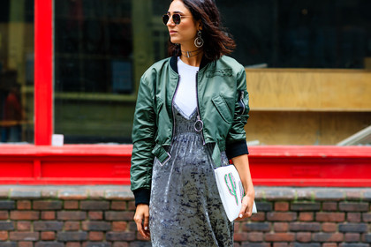 atmosphere details, bomber jacket, choker, detail, earrings, fashion week, frenchystyle, FW, green jacket, grey dress, horizontal, jonathan paciullo, leather bag, LFW, LONDON, soraya bakhtiar, SPRING SUMMER 2017, SS 17, street style, sunglasses, velvet, white clutch, white t shirt, woman