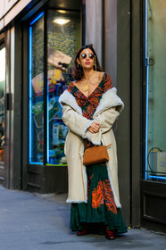 brown bag, earrings, graphic dress, green dress, leather bag, leather shoes, necklace, off the shoulder, printed dress, shearling, sunglasses, white coat, street style, jonathan paciullo, FW, frenchystyle, fashion week, NYFW, NEW YORK, AUTUMN WINTER 2018-2019, AW 18-19, FALL WINTER 2018-2019, FW 18-19, vertical, full length, bettina looney