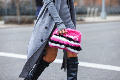 atmosphere details, AUTUMN WINTER 2016-2017, AW 16-17, camila coelho, detail, fashion week, frenchystyle, fun bag, fur bag, FW, FW 16-17, grey coat, grey dress, grey heels, high boots, high heels, horizontal, jonathan paciullo, leather boots, NEW YORK, NYFW, pink clutch, pink fur, pleated skirt, street style, tone on tone, woman