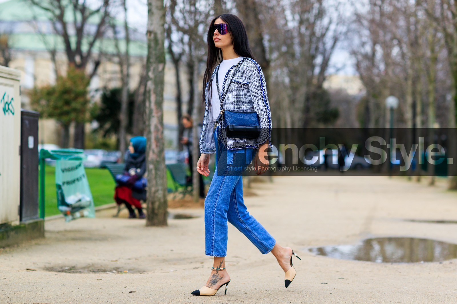 atmosphere details, AUTUMN WINTER 2017-2018, AW 17-18, beige shoes, black bag, blazer, blue denim, chanel, checked jacket, denim pants, FALL WINTER 2017-2018, fashion week, frenchystyle, full length, FW, FW 17-18, gilda ambrosio, graphic jacket, high heels, horizontal, jeans, jonathan paciullo, leather bag, leather shoes, PARIS, PFW, plaid, printed jacket, purple jacket, street style, sunglasses, tartan, trousers, tweed jacket, white t shirt