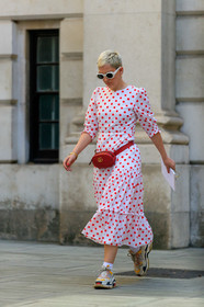 white sunglasses, polka dots dress, mid long dress, white dress, gucci bag, red leather bag, belt bag, multi earrings, golden earrings, hoop earrings, long sleeves dress, balenciaga sneakers, white sneakers, fashion week, frenchystyle, FW, jonathan paciullo, street style, vertical, full length