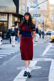 vienna skye, red glasses, prada derbies, prada shoes, black derbies, leather derbies, white socks, black leather midi skirt, fringe hair, black handbag, small bag, zipped neck dress, fashion week, frenchystyle, FW, jonathan paciullo, street style, NYFW, NEW YORK, AUTUMN WINTER 2022-2023, FALL WINTER 2022_2023, FW 22-23, vertical, full length