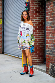 blue bag, cowboy boots, drawings, graphic dress, leather bag, leather shoes, louis vuitton, multicolor dress, off the shoulder, printed dress, red boots, sunglasses, turquoise, fashion week, frenchystyle, FW, jonathan paciullo, street style, NYFW, NEW YORK, SPRING SUMMER 2019, SS 19, vertical, full length