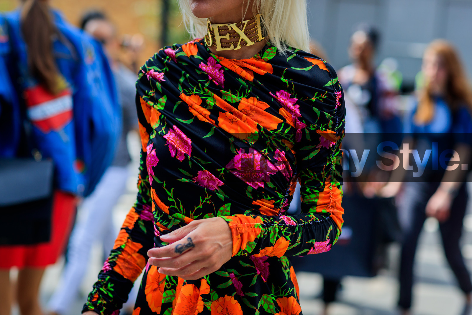 atmosphere details, balenciaga, choker, detail, fashion week, floral, flower, frenchystyle, FW, horizontal, jonathan paciullo, multicolor dress, necklace, NEW YORK, NYFW, printed top, SPRING SUMMER 2018, SS 18, street style