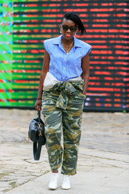 big chain necklace, black leather bag, blue shirt, celine sunglasses, chain necklace, charms necklace, dangling earrings, fendi bag, hand bag, kaki jumpsuit, knot details, knoted jumpsuit, laced boots, military jumpsuit, military printed jumpsuit, monogrammed bag, multi necklace, pearl earrings, scale sunglasses, sleeveless shirt, striped shirt, white leather boots, white shirt, fashion week, frenchystyle, FW, jonathan paciullo, street style, PFW, PARIS, SPRING SUMMER 2020, SS 20, horizontal, full length