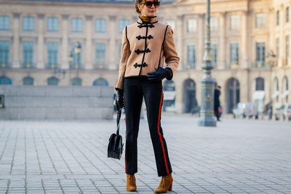 beige jacket, black bag, black gloves, black pants, brown boots, high heels, leather bag, leather gloves, leather shoes, suede shoes, sunglasses, trousers, fashion week, frenchystyle, FW, jonathan paciullo, street style, PFW, PARIS, SPRING SUMMER 2017, SS 17, HAUTE COUTURE, atmosphere details, detail, horizontal, ece sukan