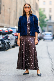 black ballerinas, black shoes, blue jacket, brown dress, corduroy, graphic dress, julia haghjoo, leather shoes, polka dot, printed dress, sunglasses, fashion week, frenchystyle, FW, jonathan paciullo, street style, MFW, MILAN, SPRING SUMMER 2019, SS 19, vertical, full length