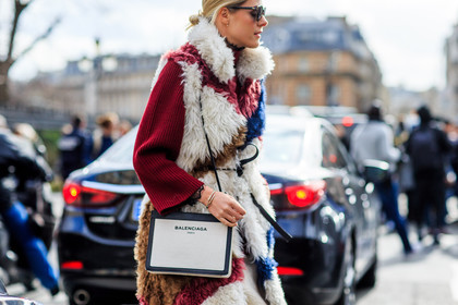 atmosphere details, AUTUMN WINTER 2016-2017, AW 16-17, balenciaga, detail, FALL WINTER 2016-2017, fashion week, frenchystyle, fur jacket, FW, FW 16-17, horizontal, jonathan paciullo, leather bag, PARIS, PFW, red knit, red sweater, shearling, sleeveless, sofie valkiers, street style, sunglasses, white bag, white fur