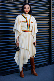 asymetric, black bag, brown boots, camera, gucci, high boots, high heels, leather bag, leather shoes, pleats, white dress, yoyo cao, fashion week, frenchystyle, FW, jonathan paciullo, street style, MFW, MILAN, AUTUMN WINTER 2019-2020, AW 19-20, FALL WINTER 2019-2020, FW 19-20, vertical, full length