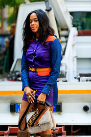 beige bag, denim shirt, denim skirt, fendi, fur bag, graphic bag, jan-michael quammie, leather bag, patchwork, printed bag, purple shirt, purple skirt, rings, street style, jonathan paciullo, FW, frenchystyle, fashion week, MFW, MILAN, SPRING SUMMER 2019, SS 19, vertical, atmosphere details, detail