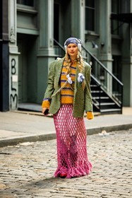 fishnet skirt, pink long, skirt, dark green blazer, plaid blazer, knitted jumper, stripes jumper, multicolor jumper, pigy tails, white hair bows, blue bandana, hair bandana, headphones, red bottines, stones necklace, mutlticolor necklace, lindsay vrckovnik, street style, jonathan paciullo, FW, frenchystyle, fashion week, NYFW, NEW YORK, AUTUMN WINTER 2022-2023, FALL WINTER 2022_2023, FW 22-23, vertical, full length