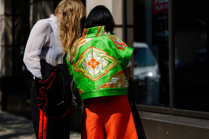 atmosphere details, black pants, chinese print, detail, fashion week, frenchystyle, FW, green jacket, horizontal, jonathan paciullo, NEW YORK, NYFW, orange pants, printed jacket, SPRING SUMMER 2017, SS 17, street style, striped pants, stripes, white shirt, wide pants, woman