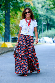 fashion week, frenchystyle, full length, FW, graphic skirt, jonathan paciullo, MFW, MILAN, polka dot, printed skirt, red bandana, SPRING SUMMER 2017, SS 17, street style, sunglasses, vertical, viviana volpicella, white t shirt