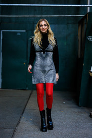 red stockings, black chunky boots, leather boots, black boots, mini tweed dress, black turtleneck, chiara ferragni, fashion week, frenchystyle, FW, jonathan paciullo, street style, NYFW, NEW YORK, AUTUMN WINTER 2022-2023, FALL WINTER 2022_2023, FW 22-23, vertical, full length