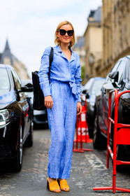 AUTUMN WINTER 2016-2017, AW 16-17, black bag, blue jumpsuit, céline, FALL WINTER 2016-2017, fashion week, frenchystyle, full length, FW, FW 16-17, HAUTE COUTURE, high heels, jonathan paciullo, leather bag, leather shoes, MENSWEAR, mules, PARIS, PFW, street style, sunglasses, vertical, yellow heels, yellow sandals