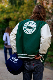lacoste jacket, green jacket, white leather jacket, green bombers, white bombers, back details, golf le fleur jacket, PARIS, PFW, SPRING SUMMER 2020, SS 20, fashion week, frenchystyle, FW, jonathan paciullo, street style, vertical, atmosphere details, detail