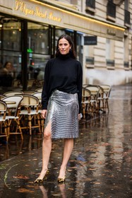 animal print, Astrid Boutrot, black turtleneck, earrings, heels, leopard heels, leopard shoes, printed heels, sequins, silver skirt, skirt, splited skirt, turtleneck, fashion week, frenchystyle, FW, jonathan paciullo, street style, PFW, PARIS, SPRING SUMMER 2022, SS 22, vertical, full length
