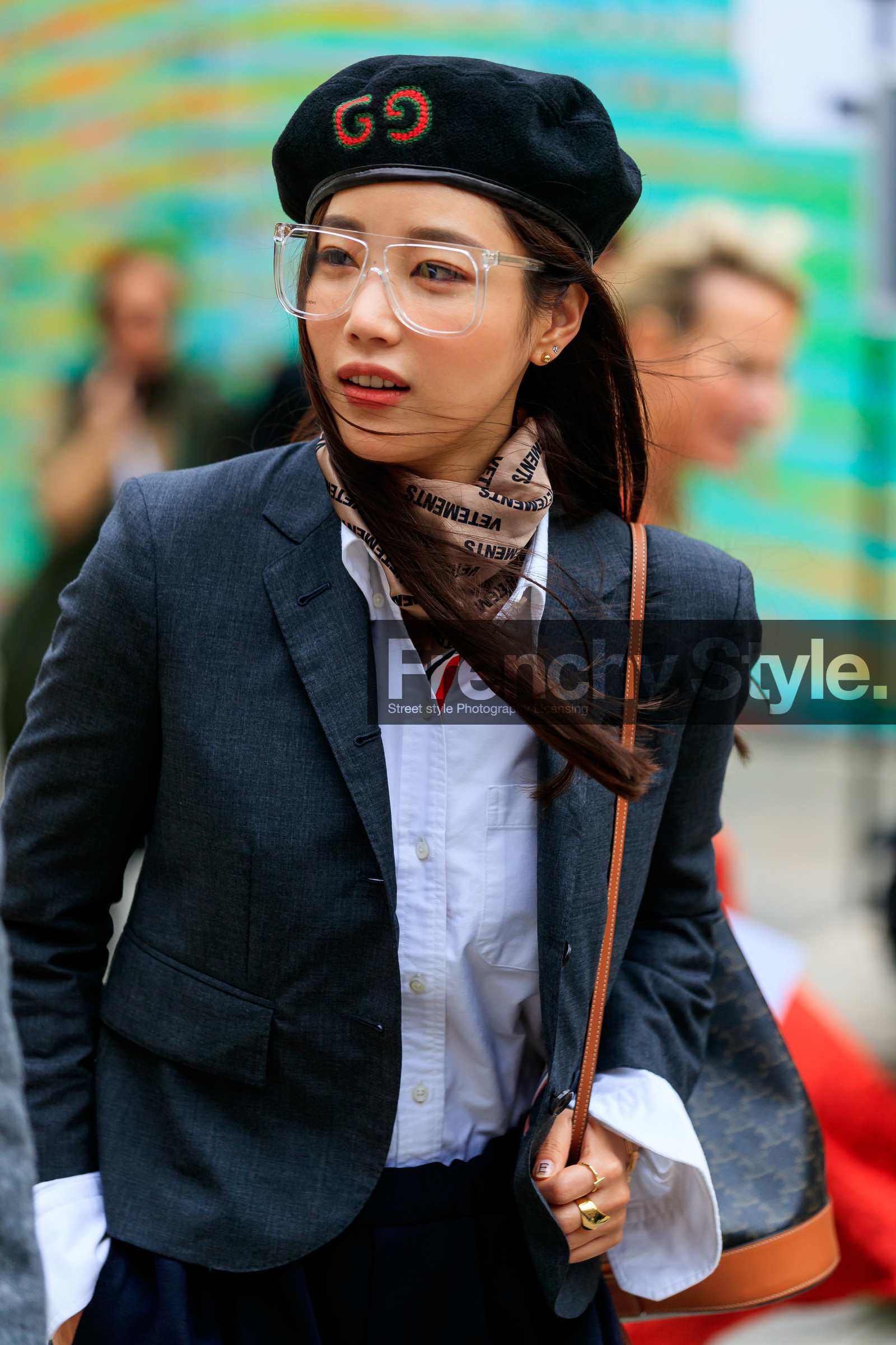 gucci hat, black hat, white shirt, dark grey jacket, nude scarf, vetements scarf, letter printed scarf, sheer glasses, monogrammed bag, celine bag, brown leather bag, bucket bag, thom browne shirt, fashion week, frenchystyle, FW, jonathan paciullo, street style, PFW, PARIS, SPRING SUMMER 2020, SS 20, horizontal, atmosphere details, detail