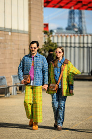 coach jacket, coach denim, couples style, plaid pants, plaid jacket, printed pants, printed jacket, coach jeans, coach boots, orange combat boots, brown boots, groovy g, pink glasses, coach handbag, crosbody bag, coach crossbody, denim buttoned jacket, green pants, green jacket, multicolor outfit, fashion week, frenchystyle, FW, jonathan paciullo, street style, NYFW, NEW YORK, AUTUMN WINTER 2022-2023, FALL WINTER 2022_2023, FW 22-23, vertical, full length