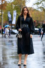 florrie thomas, chanel total look, chanel shoes, black dress, long sleeves dress, low necked dress, black leather belt, black suede shoes, belted dress, big belt, mid long dress, embroidered dress, sequins dress, lurex dress, beige suede shoes, bicolor shoes, chanel bag, chanel belt, chanel dress, shoulder bag, chain strap bag, tweed bag, button dress, round shape bag, mini bag, beige bag, black bag, bicolor bag, PARIS, PFW, SPRING SUMMER 2020, SS 20, fashion week, frenchystyle, FW, jonathan paciullo, street style, vertical, full length