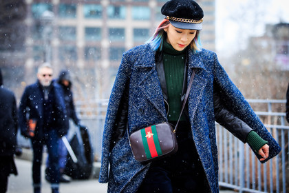 atmosphere details, AUTUMN WINTER 2016-2017, AW 16-17, black hat, black jacket, black perfecto, blue coat, detail, fashion week, frenchystyle, FW, FW 16-17, green sweater, grey coat, gucci, horizontal, irene kim, jonathan paciullo, leather bag, leather jacket, leather perfecto, NEW YORK, NYFW, over the shoulder, printed bag, street style, stripes, turtleneck sweater, woman