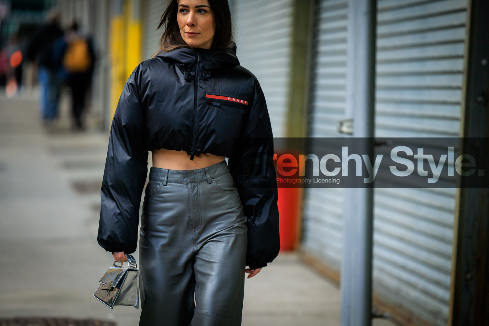 grey leather wideleg pants, black prada linea rosa bomber jacket, transparent handbag, transparent acnestudios handbag, alice barbier, fashion week, frenchystyle, FW, jonathan paciullo, street style, NYFW, NEW YORK, AUTUMN WINTER 2022-2023, FALL WINTER 2022_2023, FW 22-23, atmosphere details, horizontal