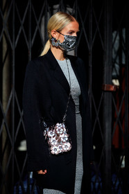 leonie hanne, silvered dress, tight dress, black jacket, paco rabanne bag, paco rabanne dress, crossbody bag, metalic bag, silvered bag, silvered chain strap bag, floral embroidered bag, plastic bag, strassed earrings, round shape earrings, big earrings, bag detail, earring cuff, earring detail, PARIS, PFW, fashion week, frenchystyle, FW, jonathan paciullo, street style, SPRING SUMMER 2021, SS 21, vertical, atmosphere details, detail