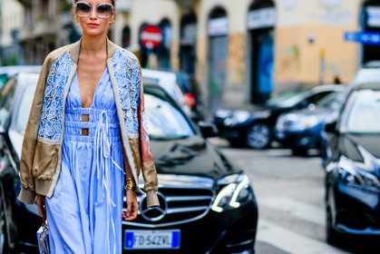 atmosphere details, beige jacket, blue dress, bomber jacket, detail, embroidered jacket, fashion week, frenchystyle, FW, horizontal, jonathan paciullo, laser cut, MFW, MILAN, over the shoulder, shirt dress, SPRING SUMMER 2017, SS 17, street style, striped dress, sunglasses