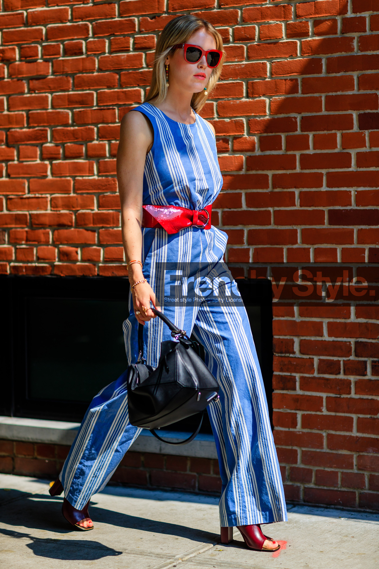 Annabel Rosendahl, black bag, blue jumpsuit, fashion week, frenchystyle, full length, FW, geometric, graphic jumpsuit, high heels, jonathan paciullo, leather bag, leather belt, loewe, NEW YORK, NYFW, printed jumpsuit, red belt, red shoes, SPRING SUMMER 2017, SS 17, street style, striped jumpsuit, stripes, sunglasses, varnished leather shoes, vertical, woman