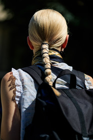 backpack, black bag, braids, hairstyle, leather bag, fashion week, frenchystyle, FW, jonathan paciullo, street style, PFW, PARIS, vertical, detail, atmosphere details, model, AUTUMN WINTER 2018-2019, FALL WINTER 2018-2019, FW 18-19