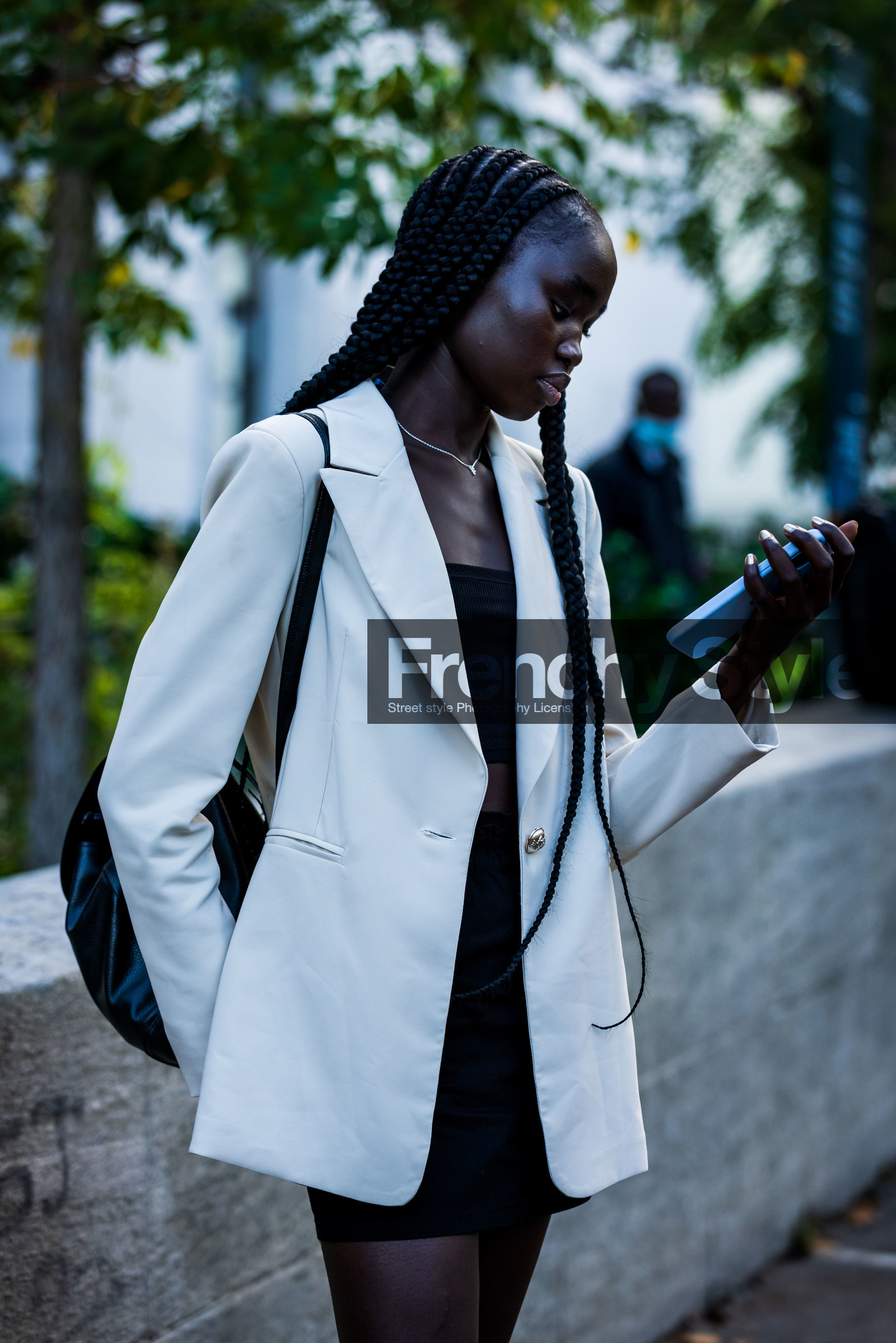 black backpack, black bag, black crop top, black denim, black shirt, black top, blazer, braid, crop top, denim skirt, leather backpack, leather bag, mini skirt, ribbed top, skirt, smartphone, top, white blazer, fashion week, frenchystyle, FW, jonathan paciullo, street style, PFW, PARIS, SPRING SUMMER 2022, SS 22, vertical, atmosphere details, model