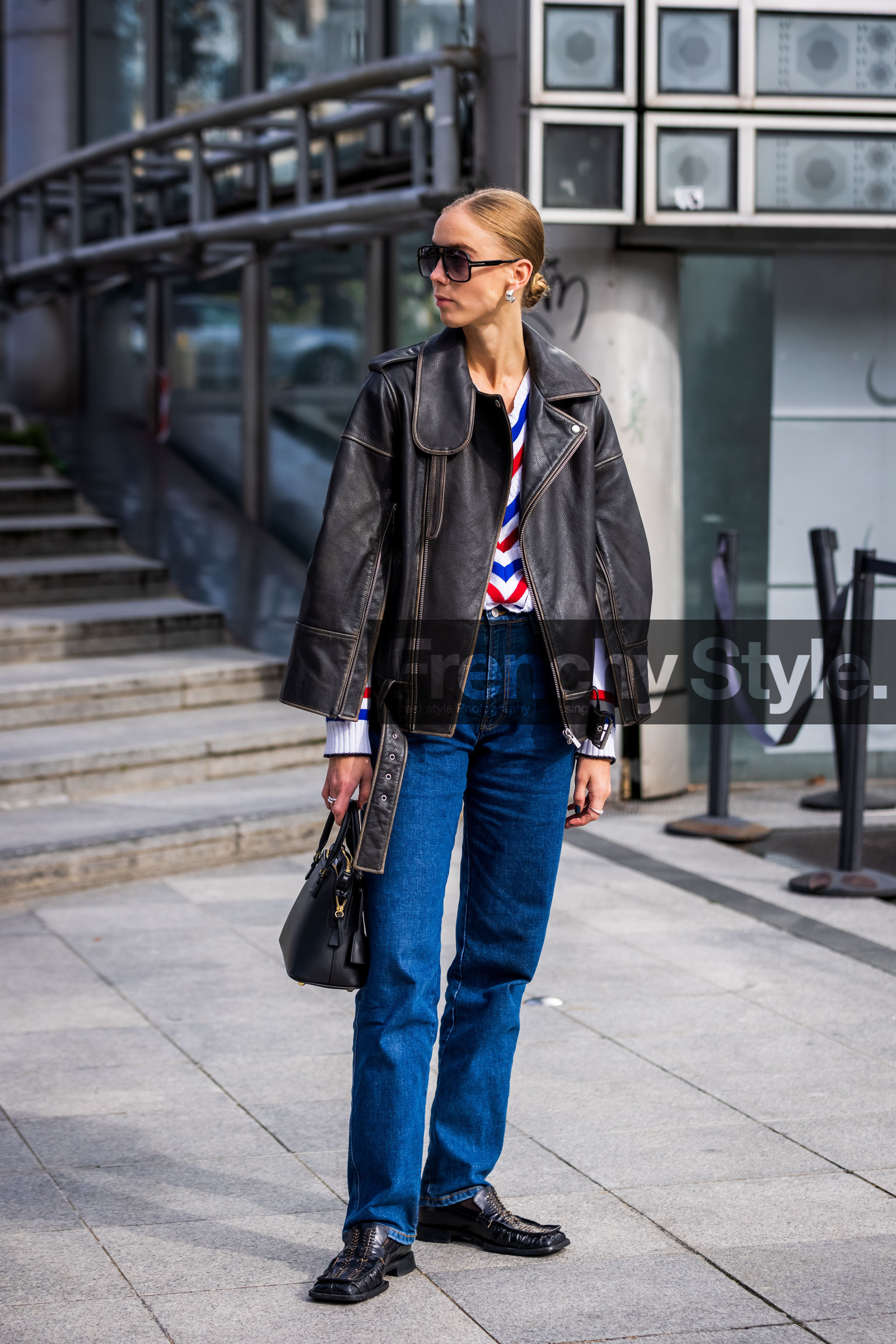 aviator sunglasses, bag, black bag, black jacket, black loafers, blue denim, blue jean, denim, Hilda Sandstrom, jacket, jean, knitwear, leather jacket, leather loafers, loafers, printed knitwear, sunglasses, fashion week, frenchystyle, FW, jonathan paciullo, street style, PFW, PARIS, SPRING SUMMER 2022, SS 22, vertical, full length
