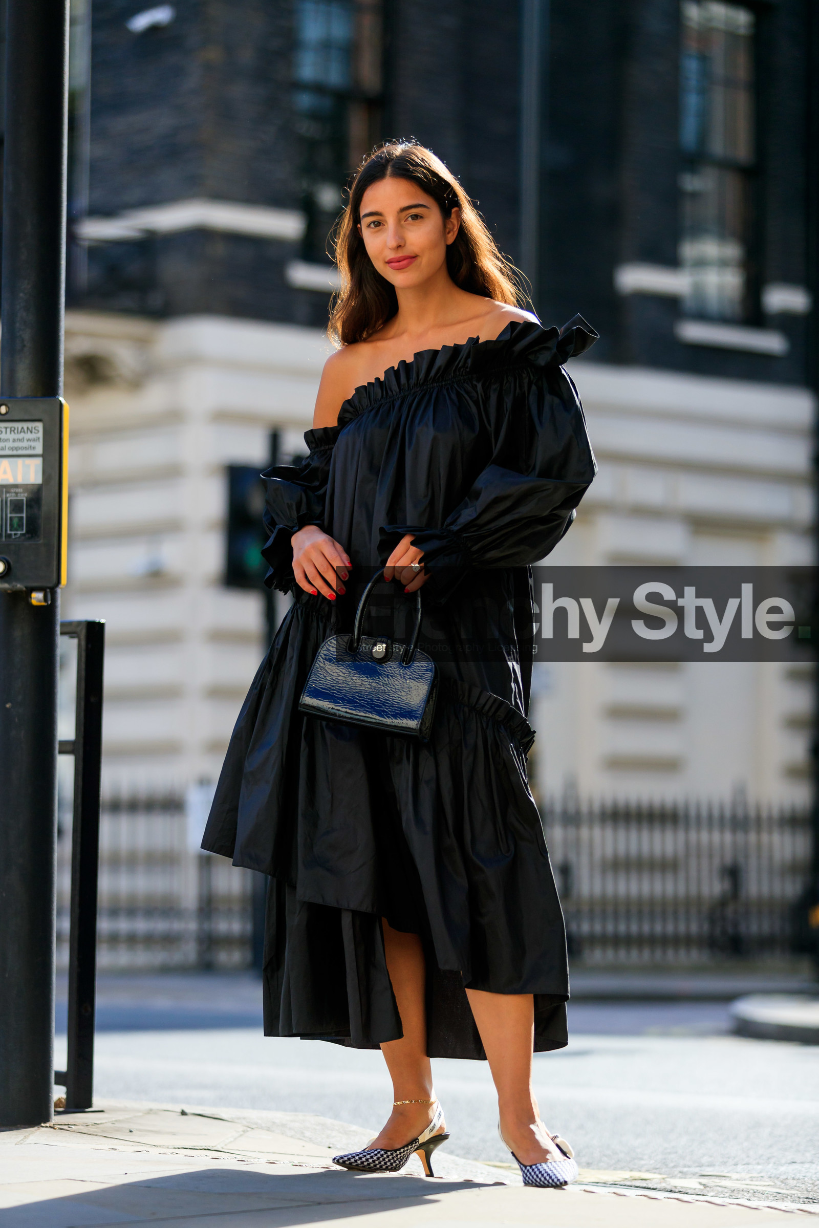 bettina looney, logo strap shoes, dior shoes, vichy printed shoes, kitten heels shoes, black dress, ruffle dress, asymmetrical dress, diamond ring, black leather bag, black polish bag, hand bag, mini bag, long sleeves dress, fashion week, frenchystyle, FW, jonathan paciullo, street style, vertical, full length