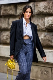 Astrid Boutrot, bag, black blazer, blazer, cropped shirt, flare pants, grey pants, leather bag, loewe bag, pants, ribbed pants, shirt, small bag, white shirt, yellow bag, fashion week, frenchystyle, FW, jonathan paciullo, street style, PFW, PARIS, SPRING SUMMER 2022, SS 22, vertical, atmosphere details