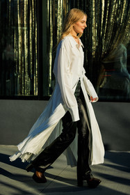 buttoned dress, white longdress, black leather pants, platform boots, brown boots, heeled shoes, pleated dress, black pants, black crossbody, street style, jonathan paciullo, FW, frenchystyle, fashion week, NYFW, NEW YORK, AUTUMN WINTER 2022-2023, FALL WINTER 2022_2023, FW 22-23, vertical, full length