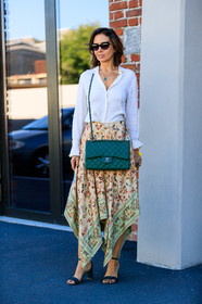 beige skirt, black shoes, chanel, fashion week, floral, flowers, frenchystyle, full length, FW, graphic skirt, green bag, green shoes, high heels, jonathan paciullo, leather bag, leather shoes, MFW, MILAN, printed skirt, SPRING SUMMER 2018, SS 18, street style, sunglasses, vertical, white shirt