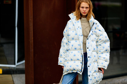 beige knit, blue denim, denim pants, down jacket, floral, flowers, graphic jacket, jeans, model, printed jacket, trousers, white jacket, street style, jonathan paciullo, FW, frenchystyle, fashion week, LFW, LONDON, AUTUMN WINTER 2019-2020, AW 19-20, FW 19-20, FALL WINTER 2019-2020, horizontal, atmosphere details, detail