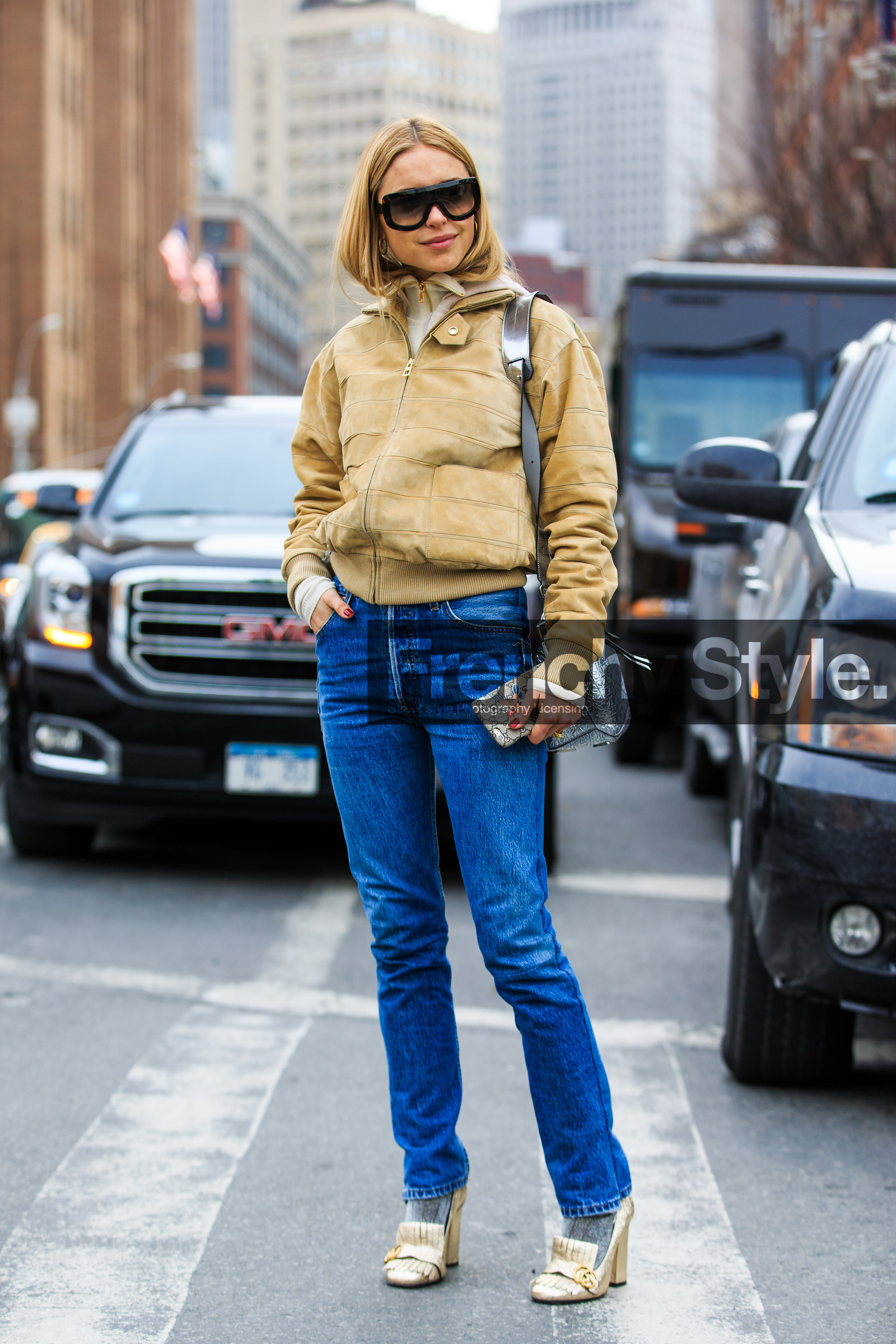 AUTUMN WINTER 2016-2017, AW 16-17, beige jacket, blue denim, denim pants, fashion week, frenchystyle, full length, FW, FW 16-17, golden heel, gucci, high heels, hood, jeans, jonathan paciullo, leather bag, leather jacket, loewe, metallic bag, NEW YORK, NYFW, pernille teisbaek, shiny heels, shiny socks, silver bag, street style, suede jacket, sunglasses, trousers, vertical, woman