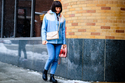 atmosphere details, AUTUMN WINTER 2017-2018, AW 17-18, black boots, blue denim, blue jacket, clara cornet, denim pants, down jacket, FALL WINTER 2017-2018, fashion week, frenchystyle, full length, FW, FW 17-18, horizontal, jeans, jonathan paciullo, jw anderson, leather bag, leather boots, miu miu, NEW YORK, NYFW, pink bag, street style, trousers