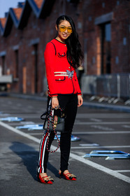 black bag, black pants, blazer, glitter, graphic bag, graphic pants, gucci, high heels, leather bag, leather shoes, printed bag, printed pants, red jacket, red shoes, stripes, sunglasses, trousers, varnished leather shoes, white belt, fashion week, frenchystyle, FW, jonathan paciullo, street style, MFW, MILAN, AUTUMN WINTER 2018-2019, FALL WINTER 2018-2019, FW 18-19, vertical, full length, yuwei zhangzou