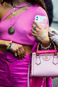 asymetrical top, bag, bead bracelet, bracelet, close up, color, crop top, cut out top, detail, gold bracelet, gold necklace, gucci bag, leather bag, monochrome, necklace, pants, pearl, pink, pink bag, pink crop top, pink monochrome, pink pants, pink top, ribbed top, ring, Selma Kaci, fashion week, frenchystyle, FW, jonathan paciullo, street style, PFW, PARIS, SPRING SUMMER 2022, SS 22, vertical, atmosphere details