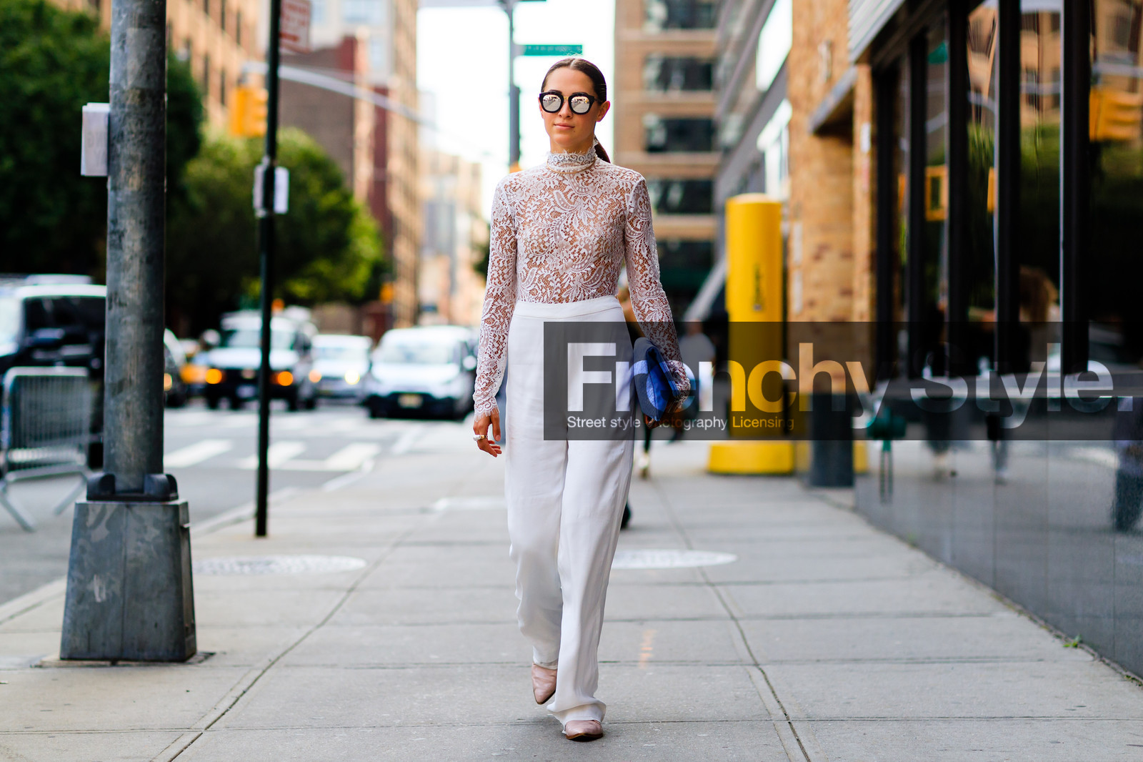 atmosphere details, blue bag, fashion week, frenchystyle, full length, FW, high waist, horizontal, jonathan paciullo, lace top, mirror effect, NEW YORK, NYFW, see through, SPRING SUMMER 2017, SS 17, street style, sunglasses, trousers, white pants, white top, wide pants, woman