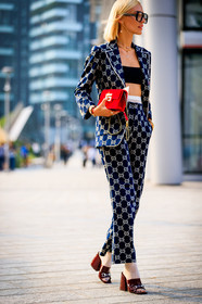 black bra, blue jacket, blue pants, bracelet, brown shoes, graphic jacket, graphic pants, gucci, high heels, leather bag, leather shoes, printed jacket, printed pants, red bag, sunglasses, trousers, varnished leather shoes, viktoria rader, fashion week, frenchystyle, FW, jonathan paciullo, street style, MFW, MILAN, SPRING SUMMER 2019, SS 19, vertical, full length