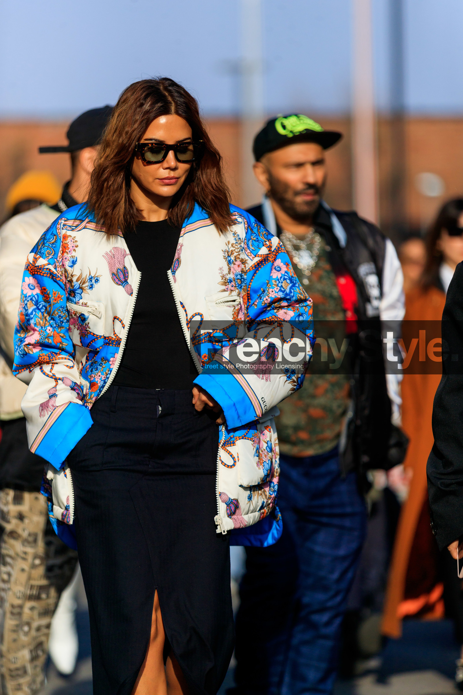 black skirt, black sweater, Christine Centenera, floral, flowers, graphic jacket, printed jacket, sunglasses, white jacket, fashion week, frenchystyle, FW, jonathan paciullo, street style, MFW, MILAN, AUTUMN WINTER 2019-2020, AW 19-20, FALL WINTER 2019-2020, FW 19-20, vertical, atmosphere details, detail