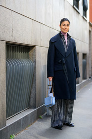 caroline issa, navy blue coat, polka dots jumpsuits, black jumpsuit, lilac pullover, turtleneck pullover, light blue leather bag, animal skin bag, golden chain strap bag, wrap coat, fashion week, frenchystyle, FW, jonathan paciullo, street style, MFW, MILAN, AUTUMN WINTER 2020-2021, FALL WINTER 2020-2021, FW 20-21, vertical, full length