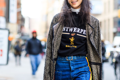 atmosphere details, AUTUMN WINTER 2016-2017, AW 16-17, black, black sweater, blue, blue denim, brown, brown coat, denim pants, detail, FALL WINTER 2016-2017, fashion week, frenchystyle, FW, FW 16-17, horizontal, jeans, jonathan paciullo, NEW YORK, NYFW, patty lu, printed sweater, red, street style, trousers, white, woman, yellow