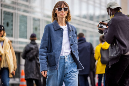 Anya Ziourova, blue denim, blue jacket, blue jean, denim, jacket, jean, suede jacket, sunglasses, t-shirt, white sunglasses, white t-shirt, fashion week, frenchystyle, FW, jonathan paciullo, street style, PFW, PARIS, SPRING SUMMER 2022, SS 22, atmosphere details, horizontal