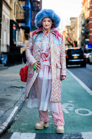 fluffy hat, funky look, green ring, pink hair, pink eyes, blue hat, furry hat, chunky ballerinas, pink shoes, pink coat, transparent longdress, lace dress, english broderies dress, red dot pants, printed pants, heart necklace, pendant necklace, fashion week, frenchystyle, FW, jonathan paciullo, street style, NYFW, NEW YORK, AUTUMN WINTER 2022-2023, FALL WINTER 2022_2023, FW 22-23, vertical, full length