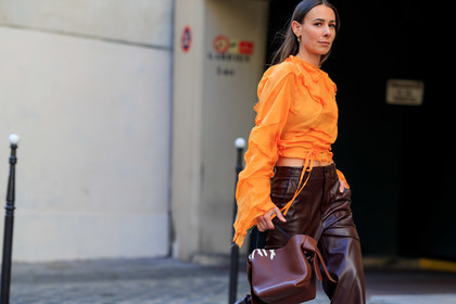 orange blouse, drape blouse, cropped blouse, silk blouse, burgundy leather pants, burgundy leather bag, acne studios bag, acne studios look, acne studios pants, acne studios blouse, hand bag, alice barbier, fashion week, frenchystyle, FW, jonathan paciullo, street style, PFW, PARIS, SPRING SUMMER 2022, SS 22, horizontal, atmosphere details, detail