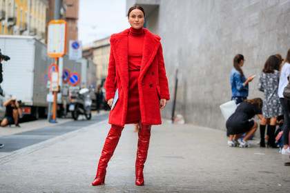 lena lademann, max mara boots, max mara jacket, max mara look, max mara coat, max mara top, max mara skirt, red total look, red coat, red top, red skirt, fur coat, red leather boots, high boots, animal skin boots, turtleneck top, fashion week, frenchystyle, FW, jonathan paciullo, street style, MFW, MILAN, SPRING SUMMER 2020, SS 20